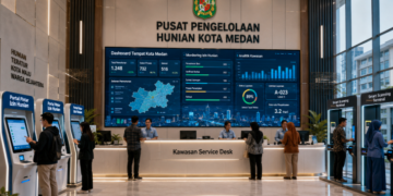 Dashboard interaktif Portal Pintar Izin Hunian yang menampilkan sistem pemantauan data tempat real-time untuk mendukung efisiensi perumahan kota Medan