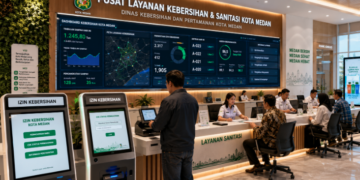 Dashboard interaktif Portal Pintar Izin Kebersihan yang menampilkan sistem pemantauan data sanitasi real-time untuk mendukung efisiensi kebersihan kota Medan