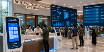 Dashboard interaktif Portal Pintar Izin Kependudukan yang menampilkan sistem pemantauan data identitas real-time untuk mendukung efisiensi kependudukan kota Medan