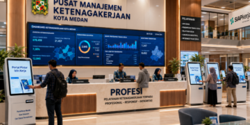 Dashboard interaktif Portal Pintar Izin Kerja yang menampilkan sistem pemantauan data tenaga real-time untuk mendukung efisiensi ketenagakerjaan kota Medan