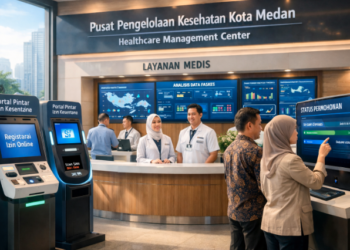 Dashboard interaktif Portal Pintar Izin Kesehatan yang menampilkan sistem pemantauan data medis real-time untuk mendukung efisiensi kesehatan kota Medan