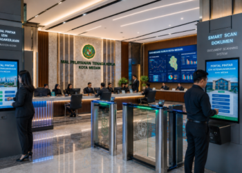 Dashboard interaktif Portal Pintar Izin Ketenagakerjaan yang menampilkan sistem pemantauan data tenaga kerja real-time untuk mendukung efisiensi ketenagakerjaan kota Medan
