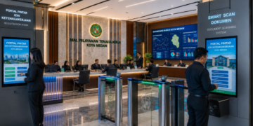Dashboard interaktif Portal Pintar Izin Ketenagakerjaan yang menampilkan sistem pemantauan data tenaga kerja real-time untuk mendukung efisiensi ketenagakerjaan kota Medan