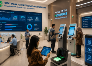 Dashboard interaktif Portal Pintar Izin Medis yang menampilkan sistem pemantauan data faskes real-time untuk mendukung efisiensi kesehatan kota Medan