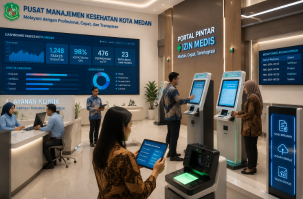 Dashboard interaktif Portal Pintar Izin Medis yang menampilkan sistem pemantauan data faskes real-time untuk mendukung efisiensi kesehatan kota Medan