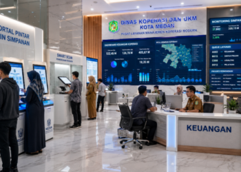 Dashboard interaktif Portal Pintar Izin Simpanan yang menampilkan sistem pemantauan data keuangan real-time untuk mendukung efisiensi koperasi kota Medan
