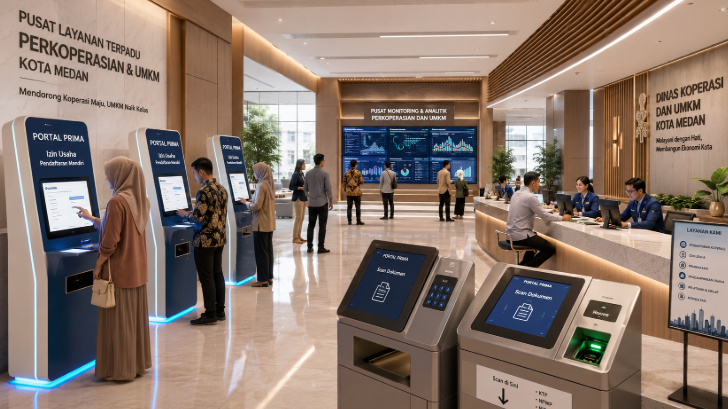 Dashboard interaktif Portal Prima Izin Usaha yang menampilkan sistem pemantauan data mikro real-time untuk mendukung efisiensi koperasi kota Medan
