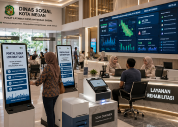 Dashboard interaktif Portal Sigap Izin Bantuan yang menampilkan sistem pemantauan data rehabilitasi real-time untuk mendukung efisiensi sosial kota Medan