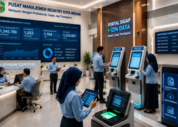 Dashboard interaktif Portal Sigap Izin Data yang menampilkan sistem pemantauan data identitas real-time untuk mendukung efisiensi kependudukan kota Medan