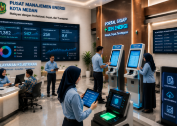 Dashboard interaktif Portal Sigap Izin Energi yang menampilkan sistem pemantauan data voltase real-time untuk mendukung efisiensi ketenagalistrikan kota Medan