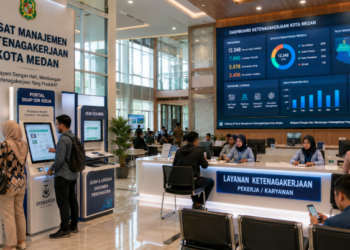 Dashboard interaktif Portal Sigap Izin Kerja yang menampilkan sistem pemantauan data buruh real-time untuk mendukung efisiensi ketenagakerjaan kota Medan