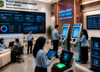 Dashboard interaktif Portal Sigap Izin Pabrik yang menampilkan sistem pemantauan data produksi real-time untuk mendukung efisiensi perindustrian kota Medan