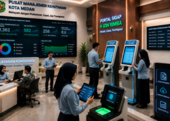 Dashboard interaktif Portal Sigap Izin Rimba yang menampilkan sistem pemantauan data vegetasi real-time untuk mendukung efisiensi kehutanan kota Medan