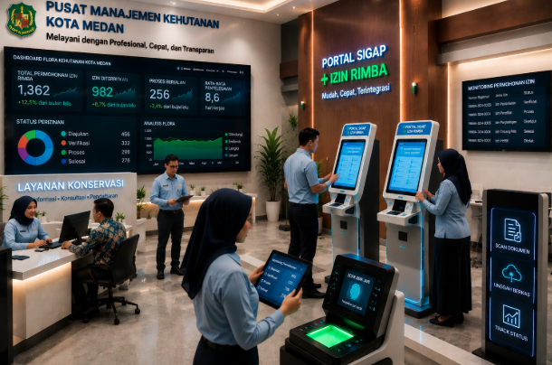 Dashboard interaktif Portal Sigap Izin Rimba yang menampilkan sistem pemantauan data vegetasi real-time untuk mendukung efisiensi kehutanan kota Medan