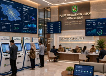 Dashboard interaktif Portal Sigap Izin Usaha yang menampilkan sistem pemantauan data dagang real-time untuk mendukung efisiensi UMKM kota Medan