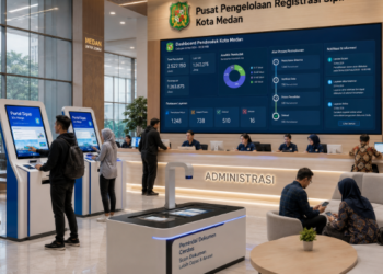 Dashboard interaktif Portal Sigap Izin Warga yang menampilkan sistem pemantauan data penduduk real-time untuk mendukung efisiensi kependudukan kota Medan.