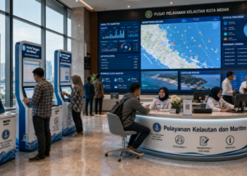 Dashboard interaktif Portal Tangguh Izin Bahari yang menampilkan sistem pemantauan data perairan real-time untuk mendukung efisiensi kelautan kota Medan.