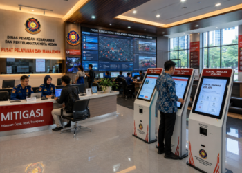 Dashboard interaktif Portal Tangkas Izin Api yang menampilkan sistem pemantauan data evakuasi real-time untuk mendukung efisiensi pemadam kebakaran kota Medan