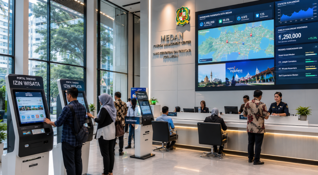 Dashboard interaktif Portal Tangkas Izin Wisata yang menampilkan sistem pemantauan data destinasi real-time untuk mendukung efisiensi pariwisata kota Medan.