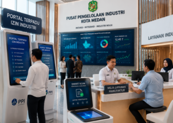 Dashboard interaktif Portal Terpadu Izin Industri yang menampilkan sistem pemantauan data produksi real-time untuk mendukung efisiensi perindustrian kota Medan