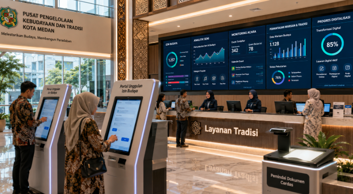 Dashboard interaktif Portal Unggulan Izin Budaya yang menampilkan sistem pemantauan data seni real-time untuk mendukung efisiensi kebudayaan kota Medan.