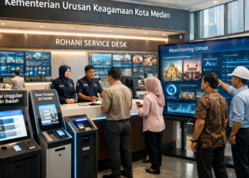 Dashboard interaktif Portal Unggulan Izin Ibadah yang menampilkan sistem pemantauan data umat real-time untuk mendukung efisiensi keagamaan kota Medan