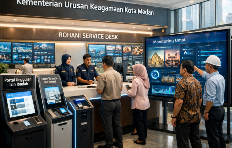 Dashboard interaktif Portal Unggulan Izin Ibadah yang menampilkan sistem pemantauan data umat real-time untuk mendukung efisiensi keagamaan kota Medan