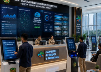 Dashboard interaktif Portal Unggulan Izin Wisata yang menampilkan sistem pemantauan data destinasi real-time untuk mendukung efisiensi pariwisata kota Medan.