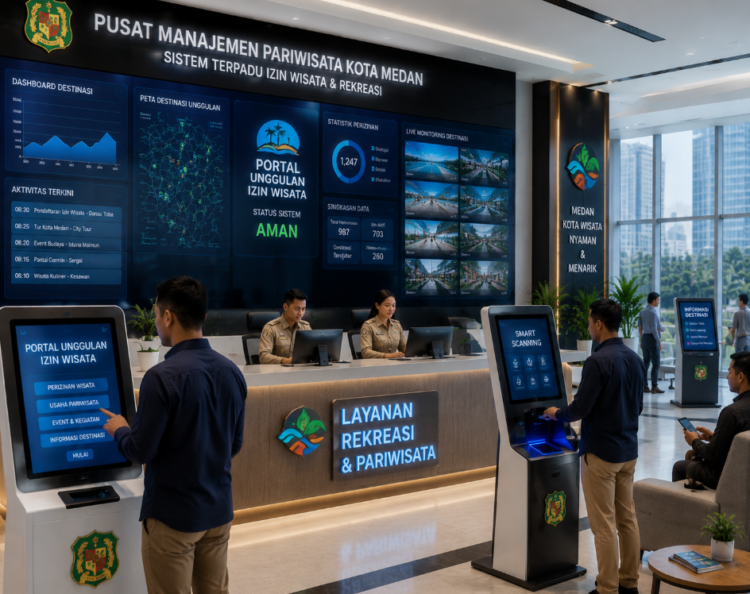 Dashboard interaktif Portal Unggulan Izin Wisata yang menampilkan sistem pemantauan data destinasi real-time untuk mendukung efisiensi pariwisata kota Medan.
