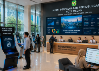 Dashboard interaktif Portal Utama Izin Angkutan yang menampilkan sistem pemantauan data armada real-time untuk mendukung efisiensi transportasi kota Medan