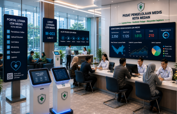 Dashboard interaktif Portal Utama Izin Medis yang menampilkan sistem pemantauan data kesehatan real-time untuk mendukung efisiensi layanan medis kota Medan