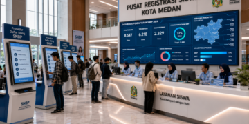 Dashboard interaktif Prosedur Daftar Ulang SNBP yang menampilkan alur validasi dokumen kelulusan siswa real-time untuk mendukung efisiensi pendaftaran kota Medan.