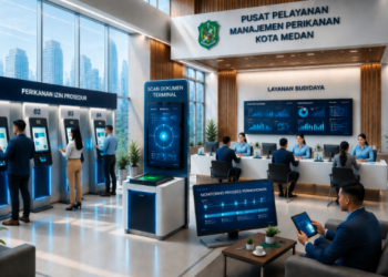 Dashboard interaktif Prosedur Izin Perikanan Medan yang menampilkan sistem pemantauan data budidaya real-time untuk mendukung efisiensi perikanan kota Medan