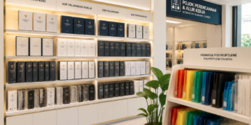 Jajaran tempat buku panduan prosedur pegawai ASN Pemkot Medan Jelas bahan premium untuk usaha pembuatan rencana alur kerja pegawai dan alat pusat instrumen tata kerja Medan heavy duty minimalis berbagai folder lembar diagram yang tersusun sangat rapi di dalam etalase toko perlengkapan kantor
