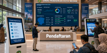 Dashboard interaktif Prosedur Registrasi Siswa yang menampilkan alur pendaftaran peserta real-time untuk mendukung efisiensi pendaftaran kota Medan.