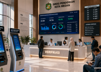 Dashboard interaktif Prosedur Tes Kampus yang menampilkan alur agenda verifikasi real-time untuk mendukung efisiensi pendaftaran kota Medan.