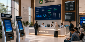 Dashboard interaktif Prosedur Tes Kampus yang menampilkan alur agenda verifikasi real-time untuk mendukung efisiensi pendaftaran kota Medan.