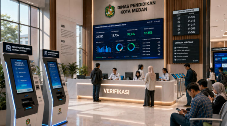 Dashboard interaktif Prosedur Tes Kampus yang menampilkan alur agenda verifikasi real-time untuk mendukung efisiensi pendaftaran kota Medan.