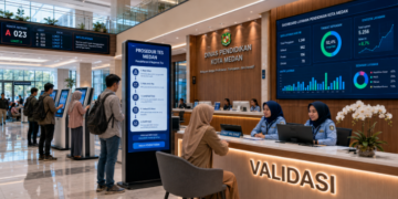 Dashboard interaktif Prosedur Tes Medan yang menampilkan alur agenda validasi real-time untuk mendukung efisiensi pendaftaran kota Medan.