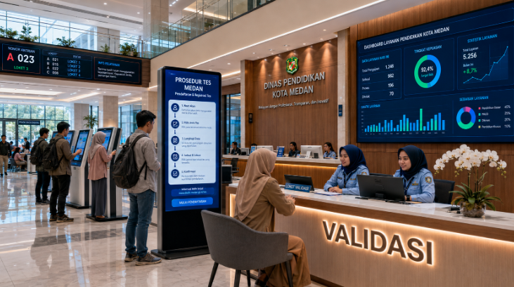 Dashboard interaktif Prosedur Tes Medan yang menampilkan alur agenda validasi real-time untuk mendukung efisiensi pendaftaran kota Medan.