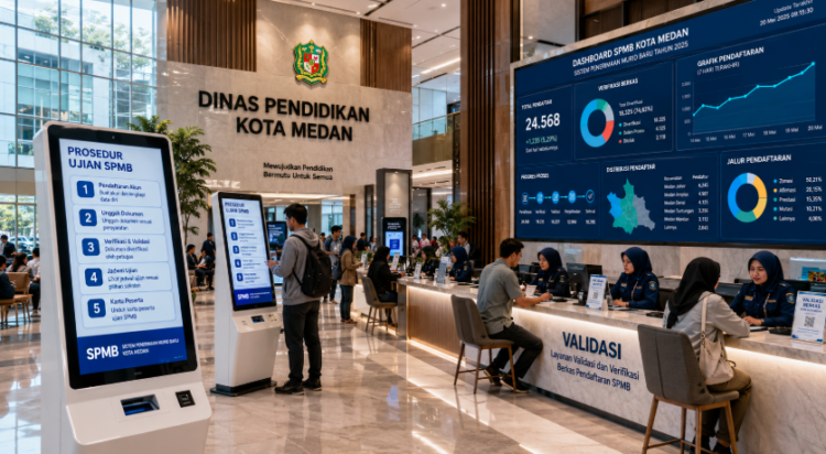 Dashboard interaktif Prosedur Ujian SPMB yang menampilkan alur agenda validasi real-time untuk mendukung efisiensi pendaftaran kota Medan.