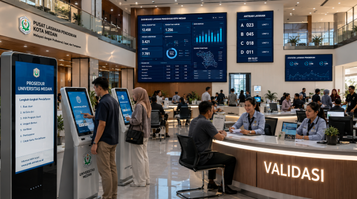 Dashboard interaktif Prosedur Universitas Medan yang menampilkan alur agenda validasi real-time untuk mendukung efisiensi pendaftaran kota Medan.