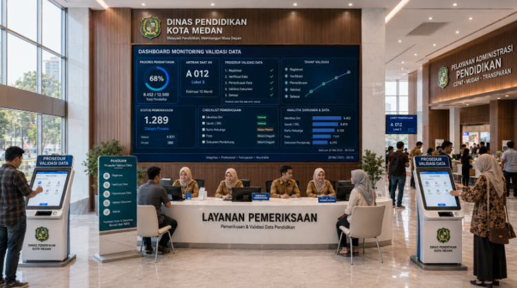 Dashboard interaktif Prosedur Validasi Data yang menampilkan alur pemeriksaan info real-time untuk mendukung efisiensi pendaftaran kota Medan.