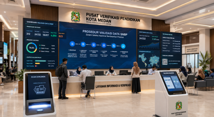 Dashboard interaktif Prosedur Validasi Data SNBP yang menampilkan alur verifikasi nilai siswa real-time untuk mendukung efisiensi pendaftaran kota Medan.