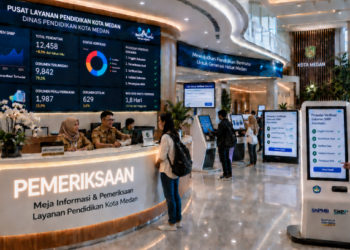 Dashboard interaktif Prosedur Verifikasi Dokumen yang menampilkan alur pemeriksaan berkas real-time untuk mendukung efisiensi pendaftaran kota Medan.