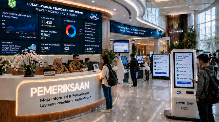 Dashboard interaktif Prosedur Verifikasi Dokumen yang menampilkan alur pemeriksaan berkas real-time untuk mendukung efisiensi pendaftaran kota Medan.