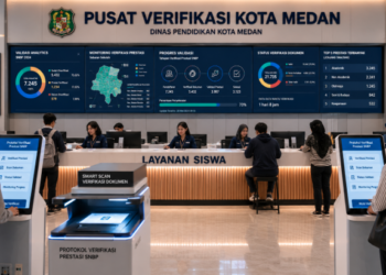 Dashboard interaktif Protokol Verifikasi Prestasi SNBP yang menampilkan alur validasi data prestasi siswa real-time untuk mendukung efisiensi pendaftaran kota Medan.