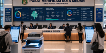Dashboard interaktif Protokol Verifikasi Prestasi SNBP yang menampilkan alur validasi data prestasi siswa real-time untuk mendukung efisiensi pendaftaran kota Medan.