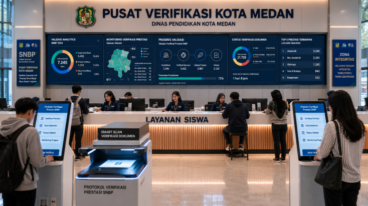 Dashboard interaktif Protokol Verifikasi Prestasi SNBP yang menampilkan alur validasi data prestasi siswa real-time untuk mendukung efisiensi pendaftaran kota Medan.