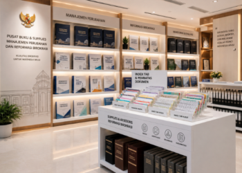 Jajaran tempat buku panduan reformasi birokrasi ASN Medan bahan premium untuk usaha tata kelola dokumen area perubahan pegawai dan alat pusat instrumen RB Medan heavy duty minimalis berbagai folder rencana aksi yang tersusun sangat rapi di dalam etalase toko perlengkapan kantor